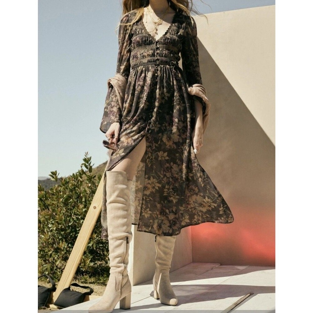 Promesa Small Brown Boho Blossoms Floral Bell-Sleeve Midi Dress Romantic Whimsy - Picture 4 of 12